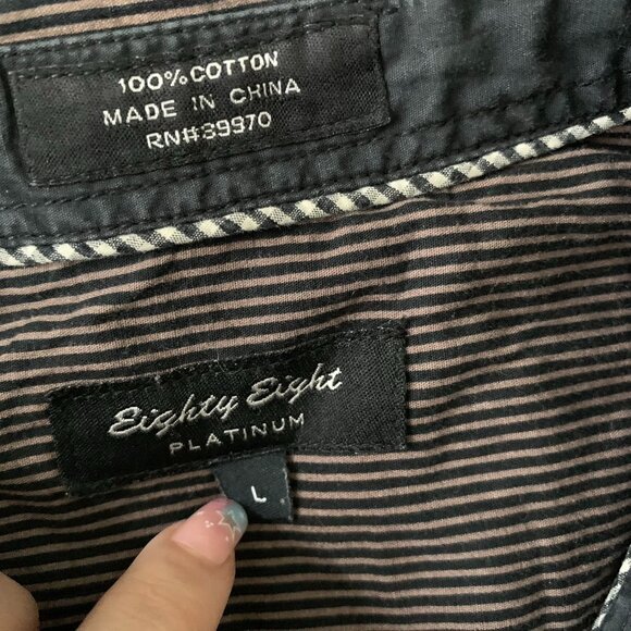 Eighty Eight Button Up Long Sleeve Shirt L Black Tan Striped Pockets Collar Zip - Picture 6 of 6